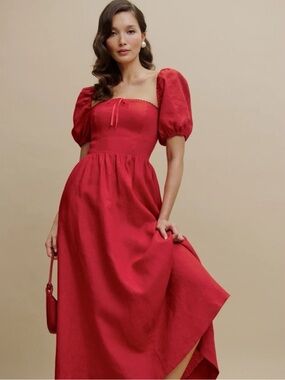 Reformation Marella Linen Dress in Cherry Red 6
